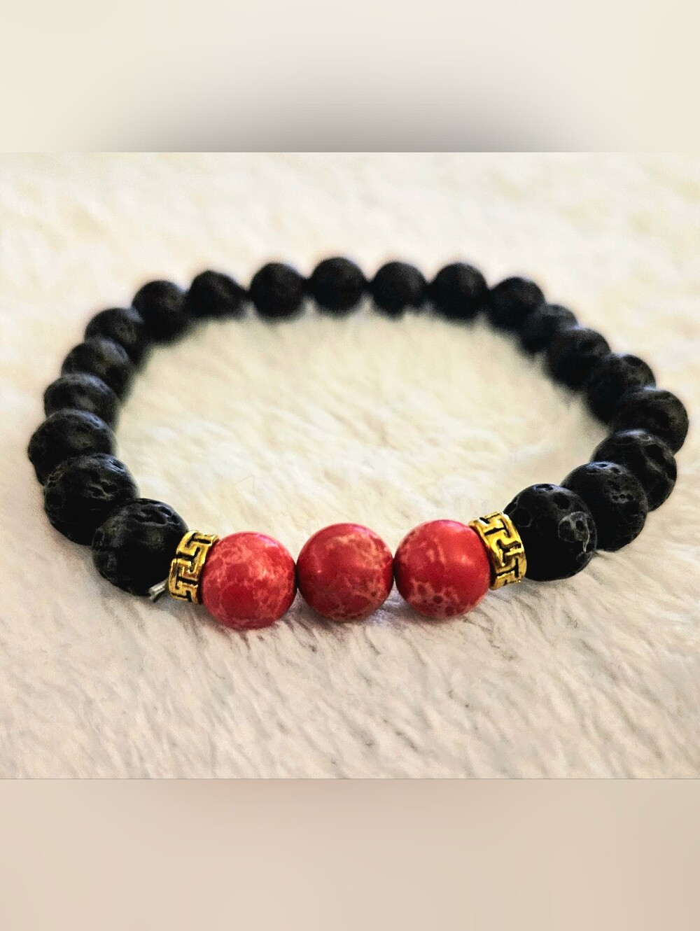 Beaded Stretch Bracelet with Red Japser Gem Accent